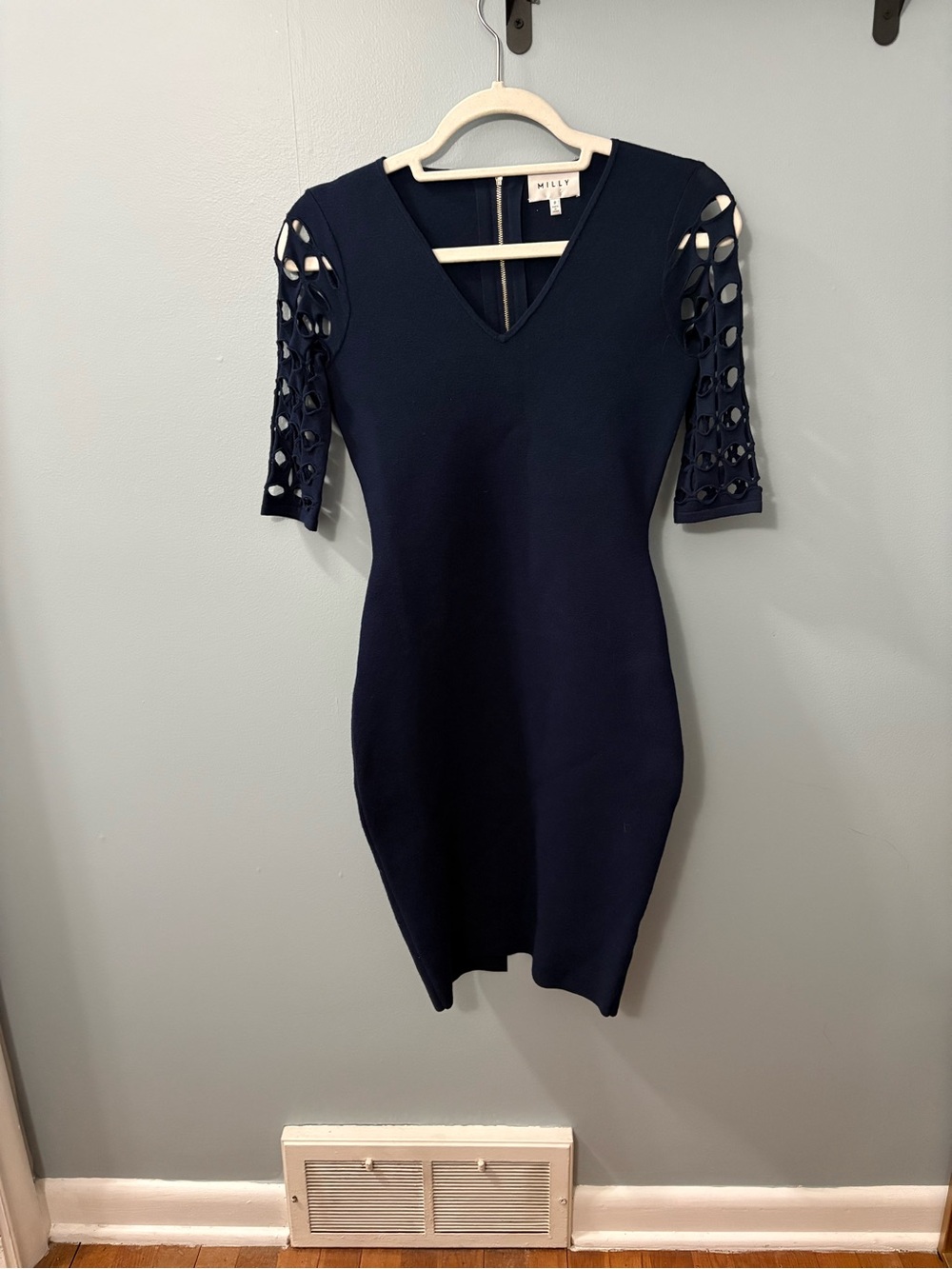 Milly Navy V-Neck Midi Dress with Eyelet Cutout Sleeves